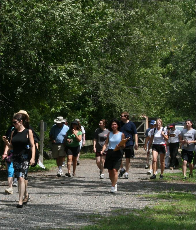 Group of people walking down wooded path